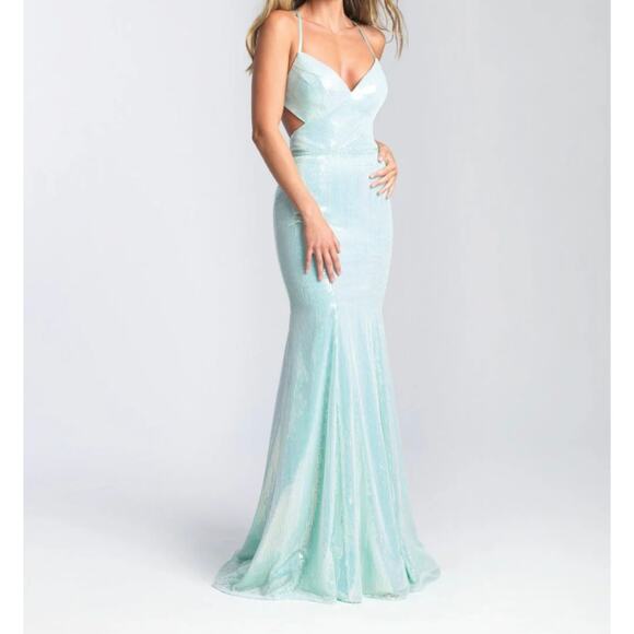 Madison James Seafoam Mermaid Maxi Gown Sz 4 sequinces open back strapes sparkle - Picture 1 of 8
